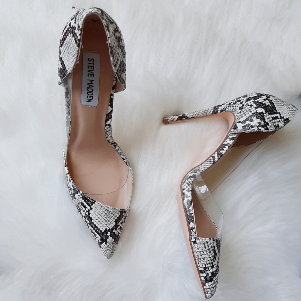 Pointy snakeskin pumps with clear cutouts
